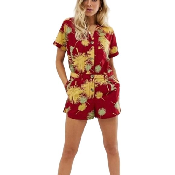 Free People NWT Tropical Maroon Cotton Short Romper Playsuit Small - Picture 1 of 7
